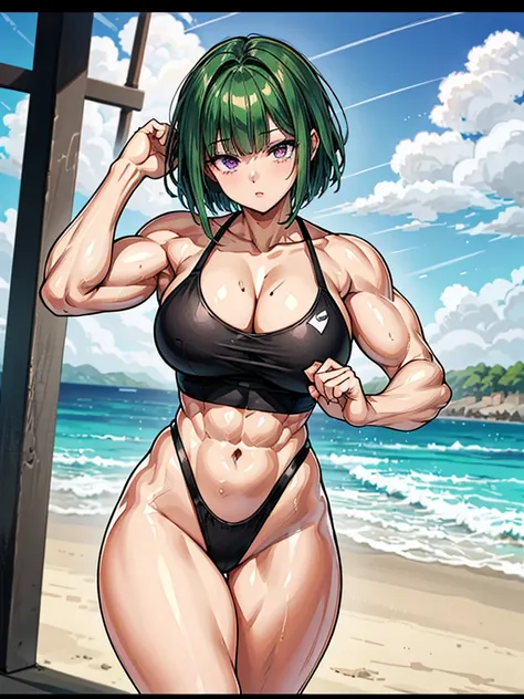 （（（masterpiece、Highest image quality、highest quality、highly detailed unity 8ｋwallpaper）））、（（Illustration of one girl））、（（（beautiful girl）））、（（green hair、very short hair、sidelocks、purple eyes））、（stocky build, thickset physique, muscular legs, broad shoulder...