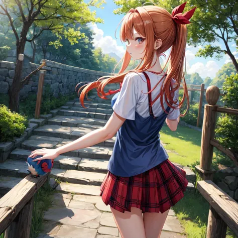 Red-blonde、blue hair、blue eyeraid、ponytail、one good looking girl、solo、anime、Plaid miniskirt、black t-shirt、camisole、forest、walking、Wearing a plaid baseball cap、Tilting your face、Doing the ribbon、sunset sky、stone bridge、stone stairs、petal、A small bird  flyin...