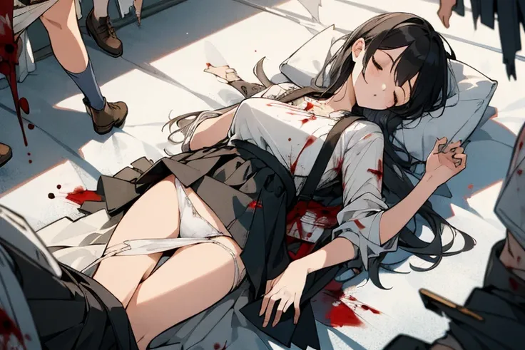 sleeping,lying on back, (((bloody, blood on dress,torn dress))), BREAK 6+ girls, (torn clothes, torn skirt, white panties, big breast:1.3), pile of corpse, scenery