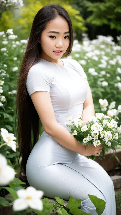 myanmar girl(best quality, masterpiece:1.2), 18yo beautiful girl in garden, white shirt, (white flowers mess in background:1.3),...