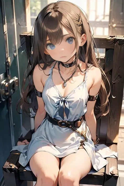 ((masterpiece)), ((best quality)), (ultra-detailed), NSFW, ,((torture chamber)),a cute girl, 1girl, solo, (white mini tanktop dress),(chain bound arms), ((tied to an torture chair)), BDSM,shibari,restrained,((thin waist)),(((single narrow belt bound waist)...