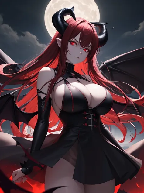 absurdres, highres, ultra detailed,  night, solo focus, cowboy shot, from bellow,
1girl, demon horns, demon tail, demon wings,   red hair, red eyes, slit pupils, glowing eyes, huge breasts, pale skin, aura, looking at viewer, standing, raised hair, wind, f...