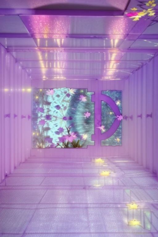 a  purple water lake with lotus flowers on floor, flowers pillars with fairy lights, colorful bright worls