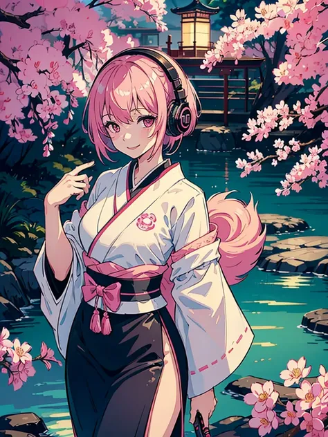 8k,((masterpiece)),((best quality)),1girl,solo,no background,geisha,model,pink hair,pink eyes,black headphones,japanese style garden,shortcut hair,standing,skinny body shape,tareme,smiling,from front,looking at viewer,cowboy shot