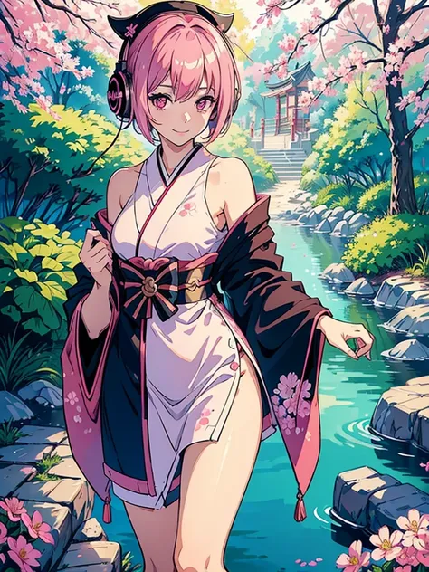 8k,((masterpiece)),((best quality)),1girl,solo,no background,geisha,model,pink hair,pink eyes,black headphones,japanese style garden,shortcut hair,standing,skinny body shape,tareme,smiling,from front,looking at viewer,cowboy shot