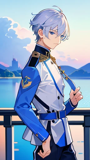 male　juvenile　大people１people　short hair　silver hair　blue eyes　Calm atmosphere　uniform　soldier　Standing on the deck