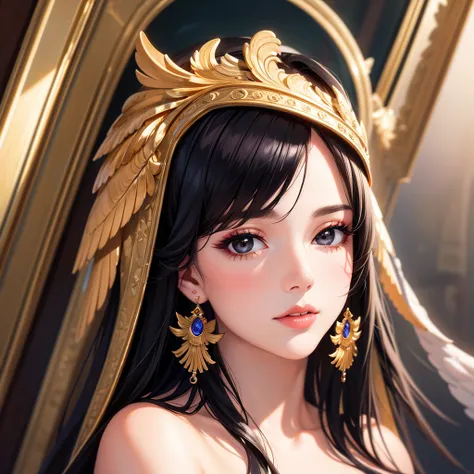 Best quality, masterpiece, ultra high res, (photorealistic:1.4),1girl, solo, jewelry, black hair, earrings, looking at viewer, black eyes, portrait, makeup, lips, realistic, long hair, angel wing, golden halo