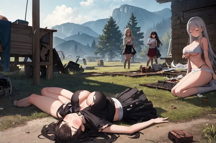 6+ girls, multiple girls, torn clothes, torn skirt, white panties, big breast, closed eyes, pile of corpse, landscape, wreck