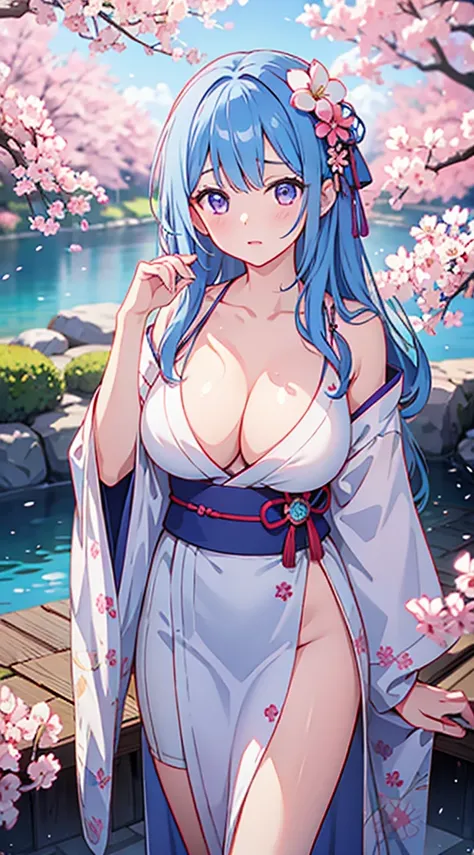 Beautiful woman with big breasts、blue hair、purple eyes、（Cherry blossom pattern）white kimono、wet kimono、wet hair、water droplets、embarrassed face、（evening）Japanese garden、long hair down to the waist、