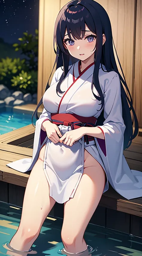 Beautiful woman with big breasts、blue hair、purple eyes、（Cherry blossom pattern）white kimono、wet kimono、wet hair、water droplets、embarrassed face、（evening）Japanese garden、long hair down to the waist、