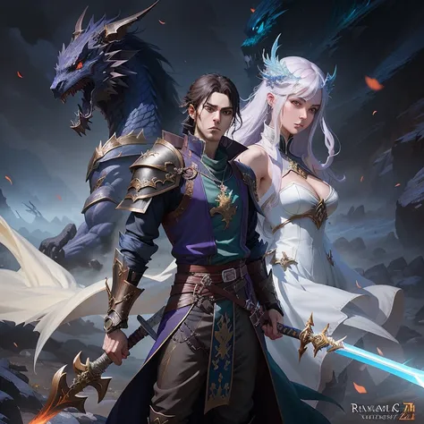 Anime character with sword and dragon in front of dark background, Epic fantasy digital art style, epic fantasy art style, epic fantasy style art, epic fantasy art style hd, Ruan Jia and artgerm, author：Yang Jie, yiqiang and shurakrgt, 2. 5d cgi anime fant...