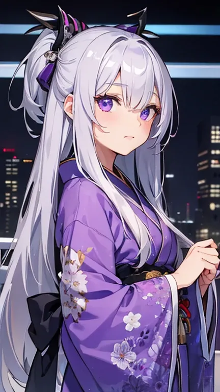  highest quality,female, 16 years old, silver hair, Purple left eye, blue  right eye,Kimono appearance 