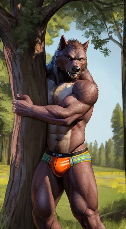 muscular werewolf wearing speedos leaning against tree