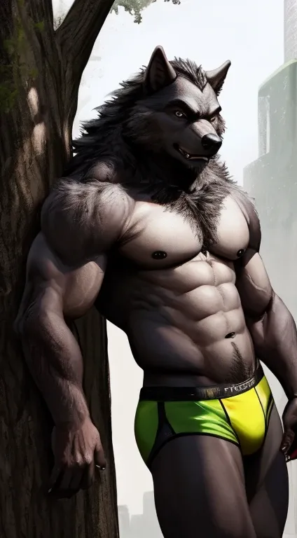 muscular werewolf wearing speedos leaning against tree