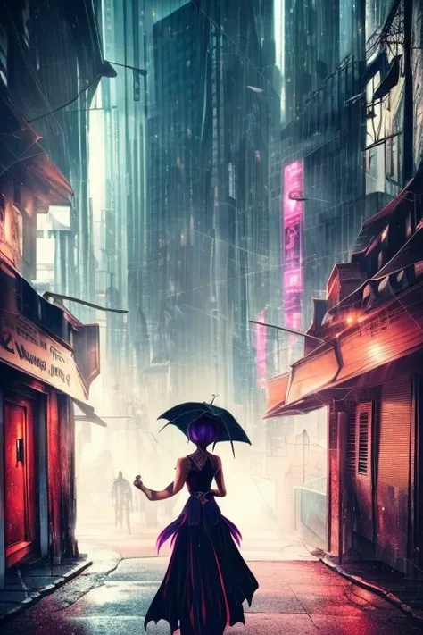 best quality,4k,8k,highres,masterpiece:1.2,ultra-detailed,(realistic,photorealistic,photo-realistic:1.37),gothic girl,sexy oriental girl,long black hair,deep red lipstick,smoky eyes,cyberpunk style,futuristic cityscape,purple neon lights,metallic accessori...