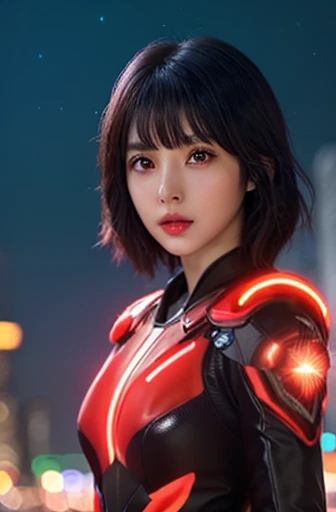 ((masterpiece)), (best quality),, official art, extremely detailed CG unity 8k wallpaper, highly detailed, shiny skin, Depth of field, vivid color,, 1girl, (curvy:0.4), (full body:0.6),, medium short hair, bangs, red eyes, looking at viewer, night, neon st...