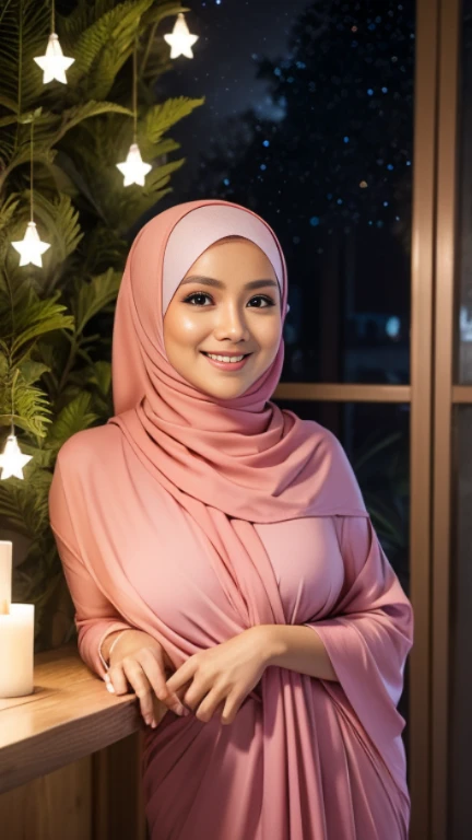 half body view, a malay woman named mira is wearing pink hijab, outdoor, sexy pose, starry sky, firm big round breasts, smile, at night in a malay village, blackout, a single candle light illuminates the room, no interior lighting, dark ambient, masterpiec...