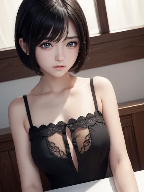 {table top},{highest quality},{1 girl}, cute, wonderful, detailed and beautiful eyes, black eye, short hair, black hair,finely,Depth of bounds written,Highly detailed CG,original, highly detailed wallpaper,Upper body, looking at the viewer