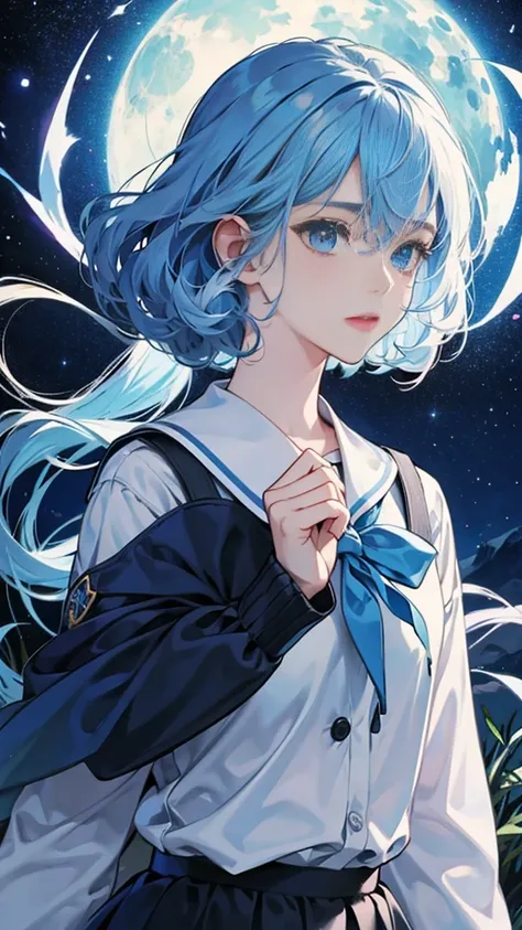 best image quality、highest quality、8K、Upper body、school uniform、thighs、long sleeve、light blue hair、bob hair、beautiful hair、loose perm、blue eyes、night view、starry sky、up