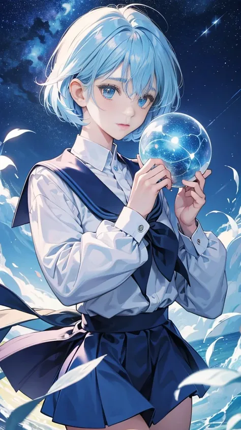 best image quality、highest quality、8K、Upper body、school uniform、thighs、long sleeve、light blue hair、bob hair、beautiful hair、blue eyes、night view、starry sky、up、beautiful eyes