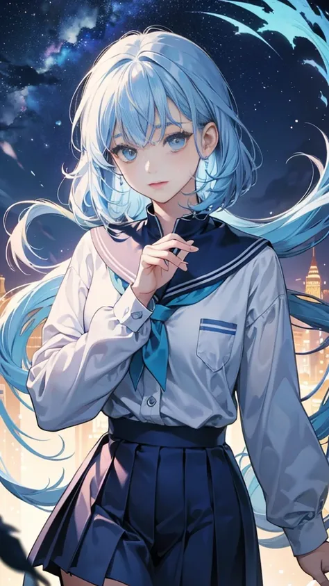 best image quality、highest quality、8K、Upper body、school uniform、thighs、long sleeve、light blue hair、bob hair、beautiful hair、blue eyes、night view、starry sky、up、beautiful eyes