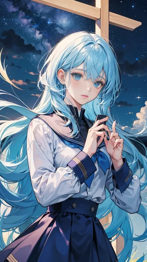 best image quality、highest quality、8K、Upper body、school uniform、thighs、long sleeve、light blue hair、bob hair、beautiful hair、blue eyes、night view、starry sky、up、beautiful eyes