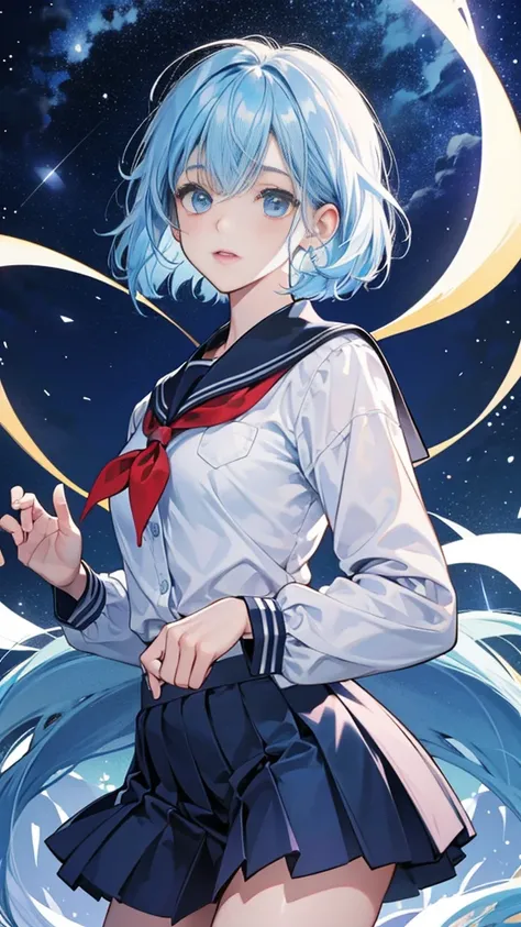 best image quality、highest quality、8K、Upper body、school uniform、thighs、long sleeve、light blue hair、bob hair、blue eyes、night view、starry sky、up、beautiful eyes