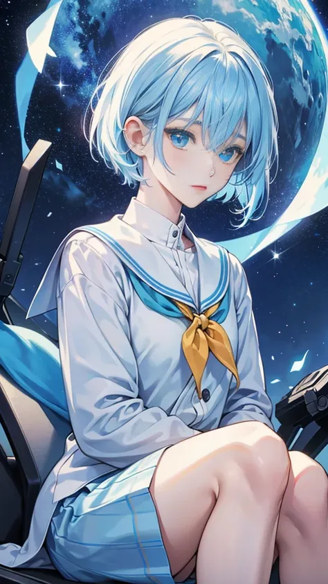 best image quality、highest quality、8K、Upper body、school uniform、thighs、long sleeve、light blue hair、bob hair、blue eyes、starry sky、beautiful eyes