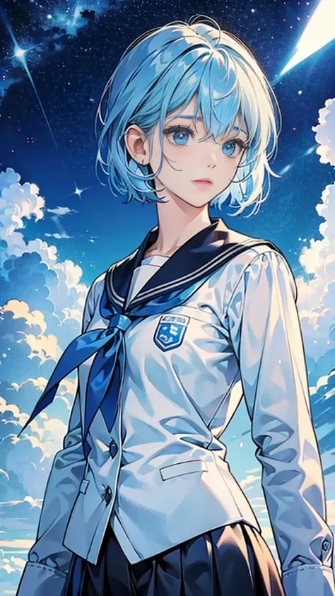 best image quality、highest quality、8K、Upper body、school uniform、thighs、long sleeve、light blue hair、bob hair、blue eyes、starry sky、beautiful eyes