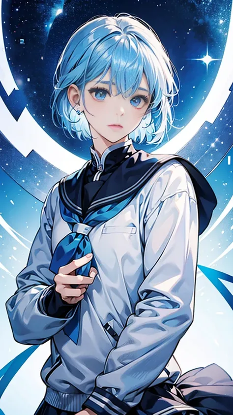 best image quality、highest quality、8K、Upper body、school uniform、thighs、long sleeve、light blue hair、bob hair、blue eyes、starry sky、beautiful eyes