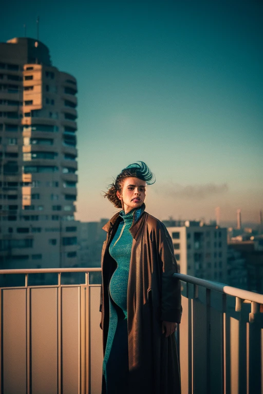 abstract colors, texture, film grain, skin pores:0.One intricate dramatic portrait of a beautiful windblown science fiction scientist standing on a balcony overlooking the future (solar punk)1.2 cities, foggy morning, Cinematic movie still frames, blade ru...