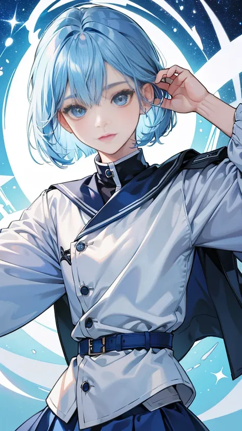 best image quality、highest quality、8K、Upper body、school uniform、thighs、long sleeve、light blue hair、bob hair、blue eyes、starry sky、beautiful eyes