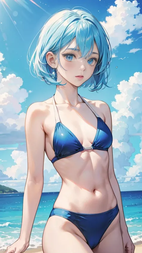 best image quality、highest quality、8K、Upper body、swimsuit、thighs、light blue hair、bob hair、blue eyes、starry sky、beautiful eyes、stomach、Navel