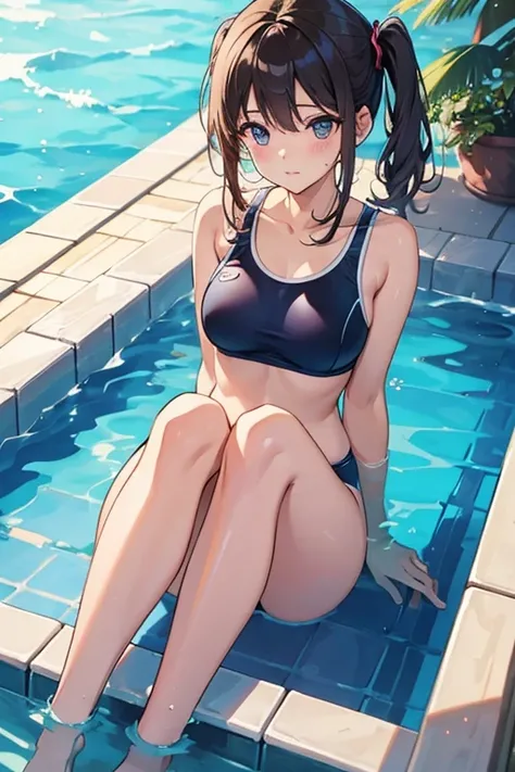 Beauty、school swimwear、meaty、Glamour、sitting、pool