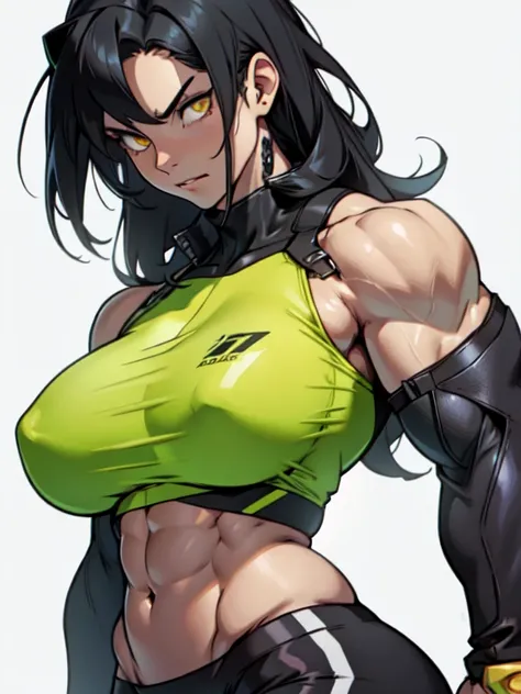 (((muscular girl toned body large breasts thick perfect anatomy))) yellow eyes black hair pale best quality