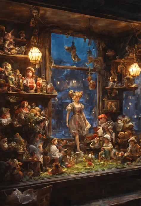 Closeup of an enchanting window display of a toy shop filled with the wonderful magical miniature fantasy world of toys, trains and dolls, midnight shiny glowing moist, deep eyes, delicate scales, magical aura, illustration, perfect shapes and textures, fi...