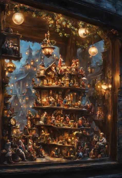 Closeup of an enchanting window display of a toy shop filled with the wonderful magical miniature fantasy world of toys, trains and dolls, midnight shiny glowing moist, deep eyes, delicate scales, magical aura, illustration, perfect shapes and textures, fi...