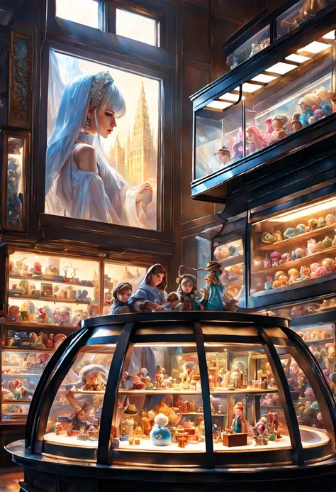 Closeup of an enchanting window display of a toy shop filled with the wonderful magical miniature fantasy world of toys, trains and dolls, midnight shiny glowing moist, deep eyes, delicate scales, magical aura, illustration, perfect shapes and textures, fi...