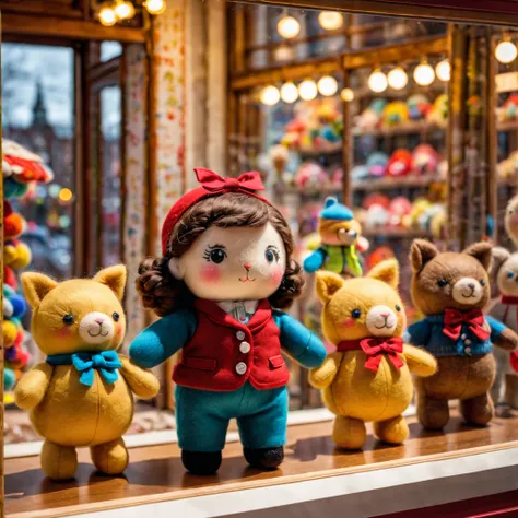 （best quality，8k，high resolution，masterpiece：1.2），Super detailed，wool felt toys，Cute wool felt doll，Displayed behind a transparent toy store window，atmosphere， （indoor：1.2），（small toy：1.2），Variations of the same toy，warm light，selective focus，like photo，UH...