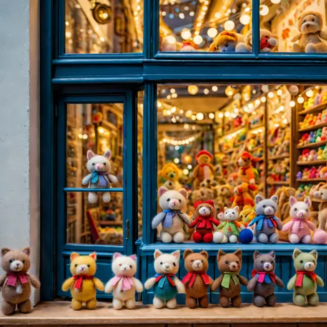 （best quality，8k，high resolution，masterpiece：1.2），Super detailed，wool felt toys，Cute wool felt doll，Displayed behind a transparent toy store window，atmosphere， （indoor：1.2），（small toy：1.2），Variations of the same toy，warm light，selective focus，like photo，UH...