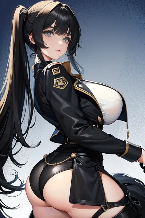 long black hair、bangs bangs、twin tails、blue eyes、very huge breasts、thick eyebrows、young、big breasts、beautiful girl、black military uniform、voluminous body shape、big ass、thighs