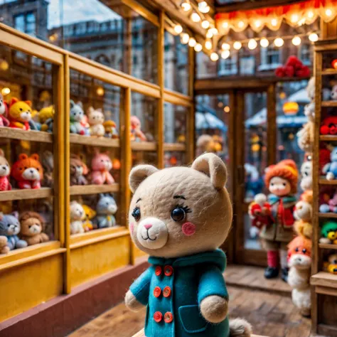 （best quality，8k，high resolution，masterpiece：1.2），Super detailed，wool felt toys，Cute wool felt doll，(Displayed behind a transparent toy store window:1.2)，atmosphere， （indoor：1.2），（small toy：1.2），Variations of the same toy，warm light，selective focus，like ph...