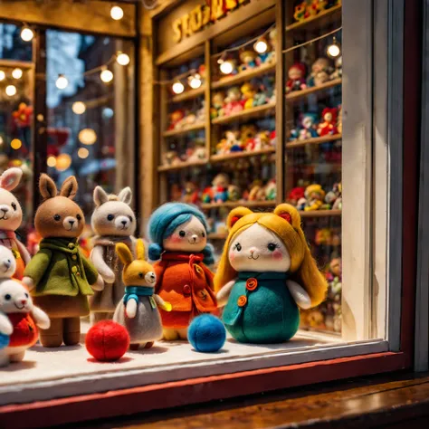 （best quality，8k，high resolution，masterpiece：1.2），Super detailed，wool felt toys，Cute wool felt doll，(Displayed behind a transparent toy store window:1.2)，atmosphere， （indoor：1.2），（small toy：1.2），Variations of the same toy，warm light，selective focus，like ph...