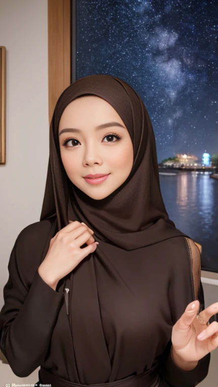 half body view, a malay woman named mira is wearing dark brown shawl, outdoor, sexy pose, starry sky, big firm round breasts, smile, at night in a malay village, blackout, a single candle light illuminates the room, no interior lighting, dark ambient, mast...