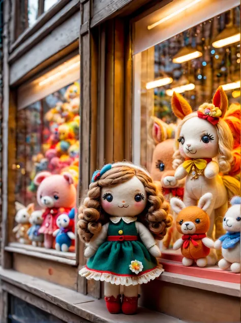 （best quality，8k，high resolution，masterpiece：1.2），Super detailed，wool felt toys，Cute wool felt doll，(Displayed behind a transparent toy store window:1.2)，atmosphere， （indoor：1.2），（small toy：1.2），Variations of the same toy，Warm light ultra-detailed painting...