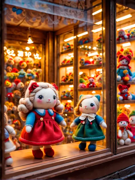 （best quality，8k，high resolution，masterpiece：1.2），Super detailed，wool felt toys，Cute wool felt doll，(Displayed behind a transparent toy store window:1.2)，atmosphere， （indoor：1.2），（small toy：1.2），Variations of the same toy，Warm light ultra-detailed painting...