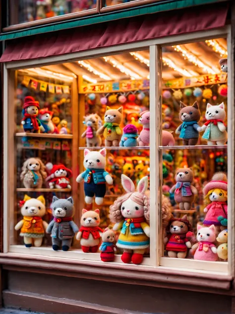 （best quality，8k，high resolution，masterpiece：1.2），Super detailed，wool felt toys，Cute wool felt doll，(Displayed behind a transparent toy store window:1.2)，atmosphere， （indoor：1.2），（small toy：1.2），Variations of the same toy，Warm light ultra-detailed painting...