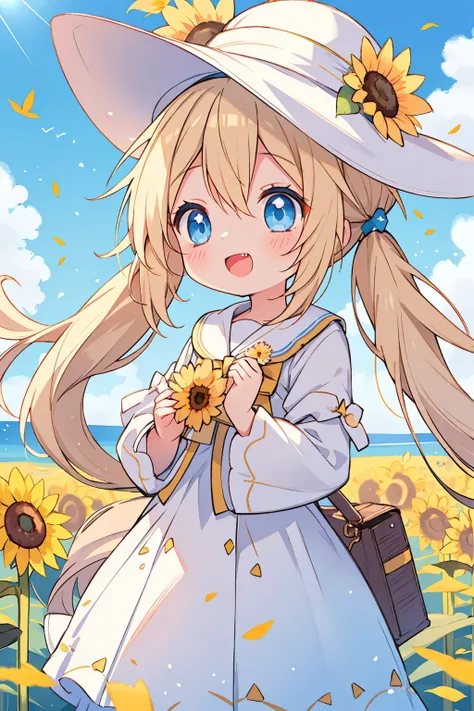 cute little girl,,solo,wind,pale-blonde hair, blue eyes,very long twintails,white hat,blue sky,laugh,double tooth,,lens flare,dramatic, coastal,
flying petal, flowery field, sky, sun,field, sunflower, masterpiece, best quality,