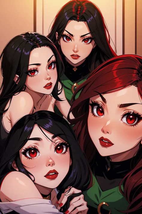 Megumin (black hair, red Eyes) with her little three daugheters: Esmeralda (brown hair , red eyes). Ruby (Red Hair, green eyes),Aria Rose (Black hair, blu eyes)