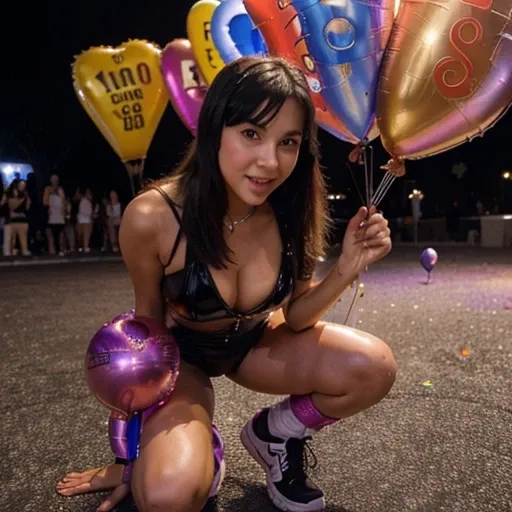 Cute 20 year old girl on the dance floor full of 10,000 very beautiful latex balloons on the ground. 100 globos por el suelo, los pincha, los rompe